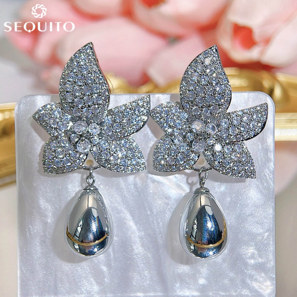 SEQUITO ออกแบบหรูหรา Silver Plated ดอกไม้ Drop Pearl Dangle ต่างหูฝังสีขาว Bling AAA Cubic Zirconia 