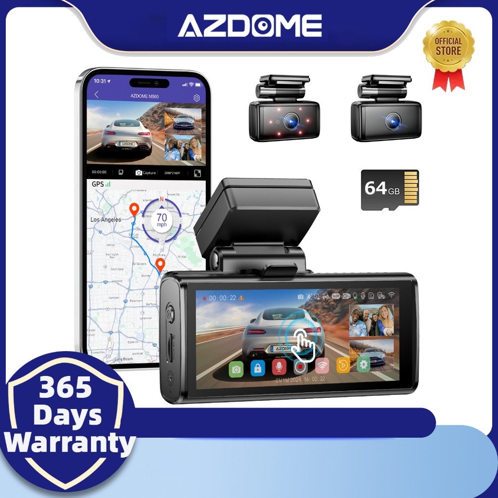 Azdome True 5K (5160P)M580 3CH Dash Cam พร้อมหน้าจอสัมผัส 4 นิ้ว 64GB Sd card, 5GHz WiFi & GPS, โหมด
