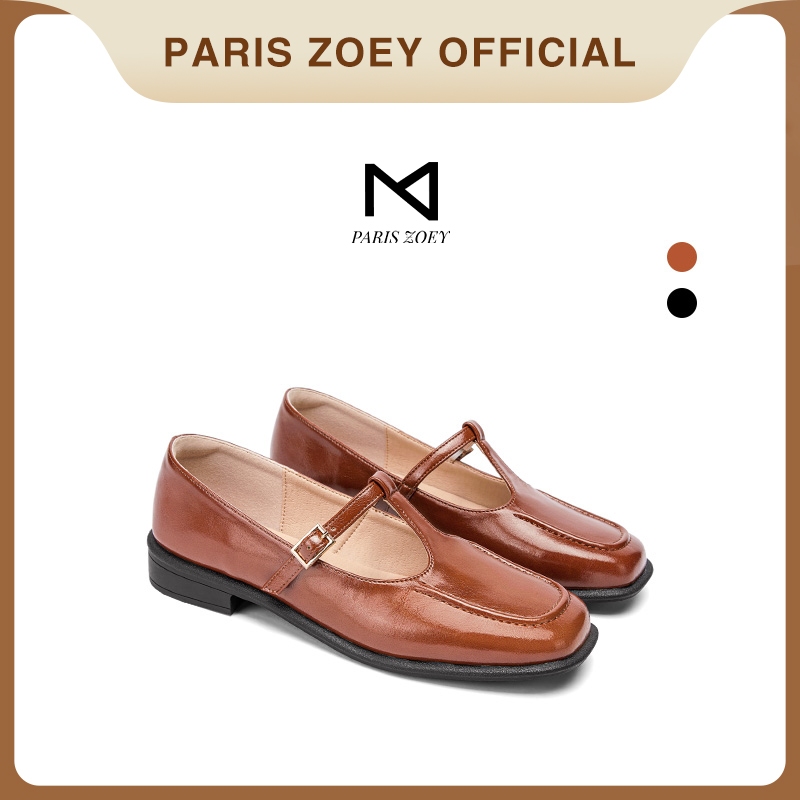 Paris Zoey Mary Jane รองเท้า รองเท้าหัวเหลี่ยม รองเท้าผู้หญิงสีน้ําตาล Retro