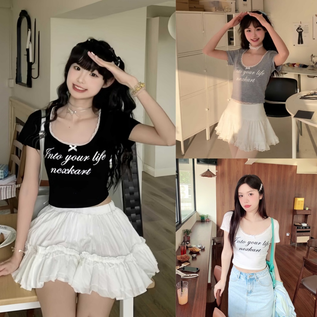 Bella Shop เสื้อยืดตัวสั้นครอปแต่งโบว์ลูกไม้เสื้อสไตล์หวานน่ารัก