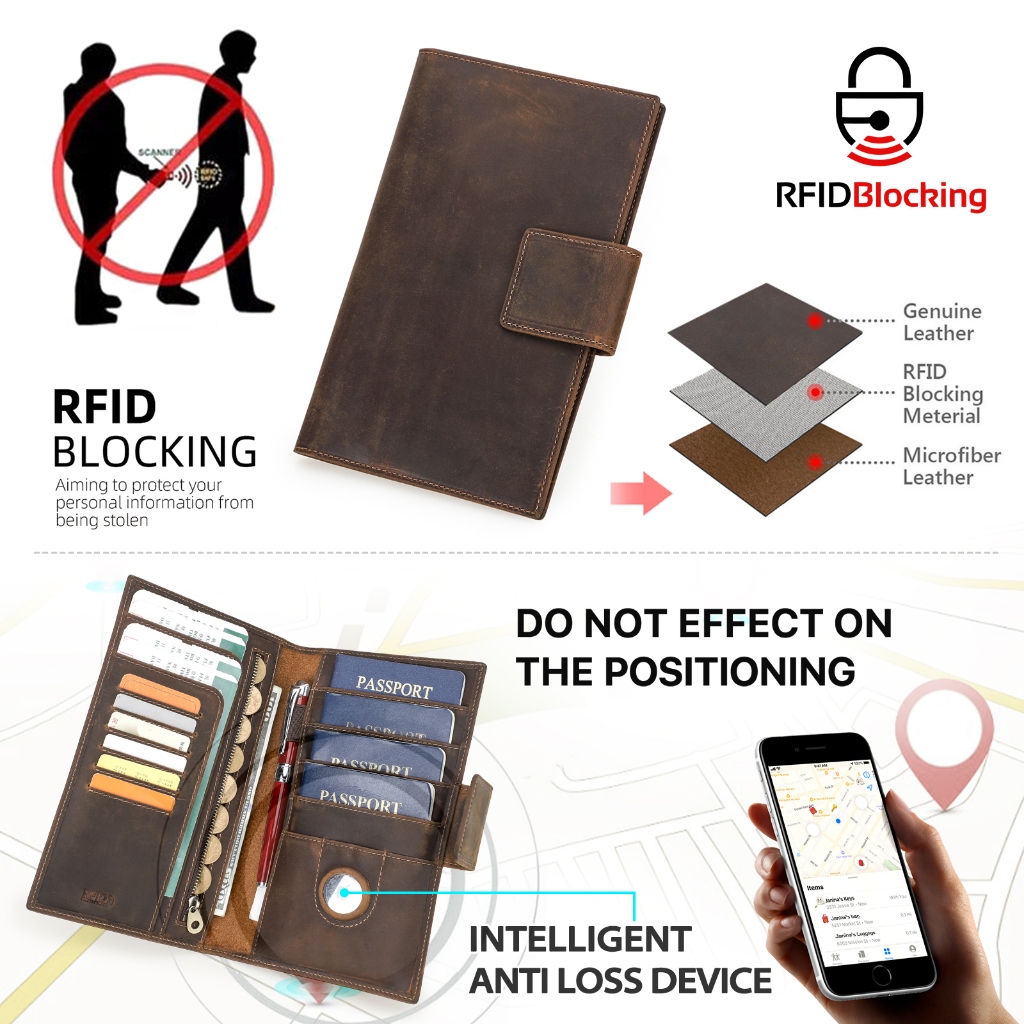 CONTACT'S ของแท้หนังครอบครัวหนังสือเดินทางคลัทช์กระเป๋าสตางค์ RFID ผู้ถือบัตร AirTag Slot Passport Cover Families กระเป๋าเดินทางกระเป๋าถือ