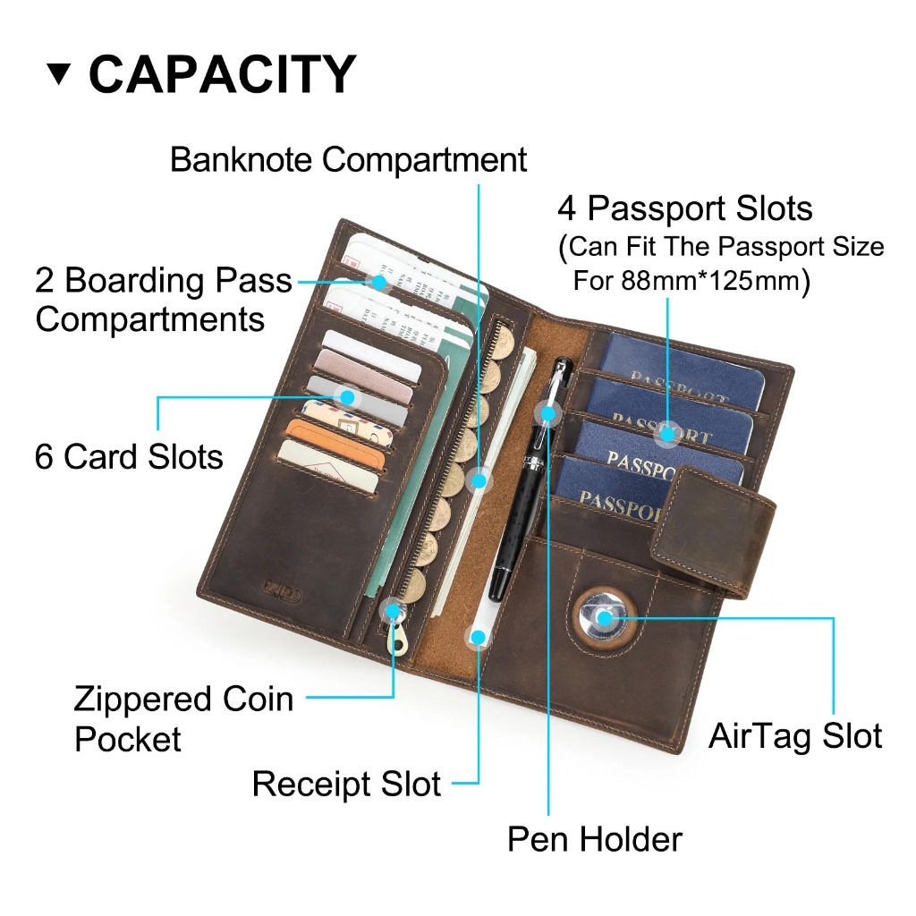 CONTACT'S ของแท้หนังครอบครัวหนังสือเดินทางคลัทช์กระเป๋าสตางค์ RFID ผู้ถือบัตร AirTag Slot Passport Cover Families กระเป๋าเดินทางกระเป๋าถือ