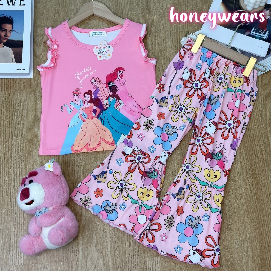 honeywears พร้อมส่ง ชุดเซ็ทเด็กผู้หญิง เสื้อแขนกุดกางเกงขากว้าง พิมพ์ลายการ์ตูนน่ารัก ฤดูร้อน ไซส์ 110-150