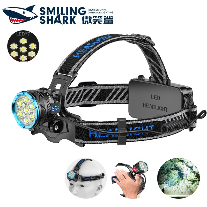 SmilingShark TD0162 ไฟฉายคาดหัว LED เซนเซอร์ 7*นำ ซุปเปอร์ไบรท์ ไฟหน้า 3โหมด Type-C ชาร์จใหม่ได้ พร้อมไฟแสดงสถานะแบตเตอรี่ แสงที่แข็งแกร่ง ไฟฉายคาดหัว กันน้ำสำหรับการตั้งแคมป์กลางแจ้ง