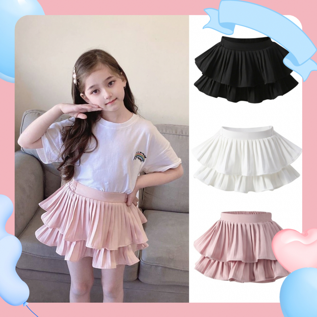 2-12ปีกระโปรงจีบมินิสําหรับเด็กผู้หญิงสไตล์เกาหลีสไตล์ชั้นเค้กใหม่กระโปรงสั้นเอวสูงธรรมดาสําหรับเด็กผู้หญิง