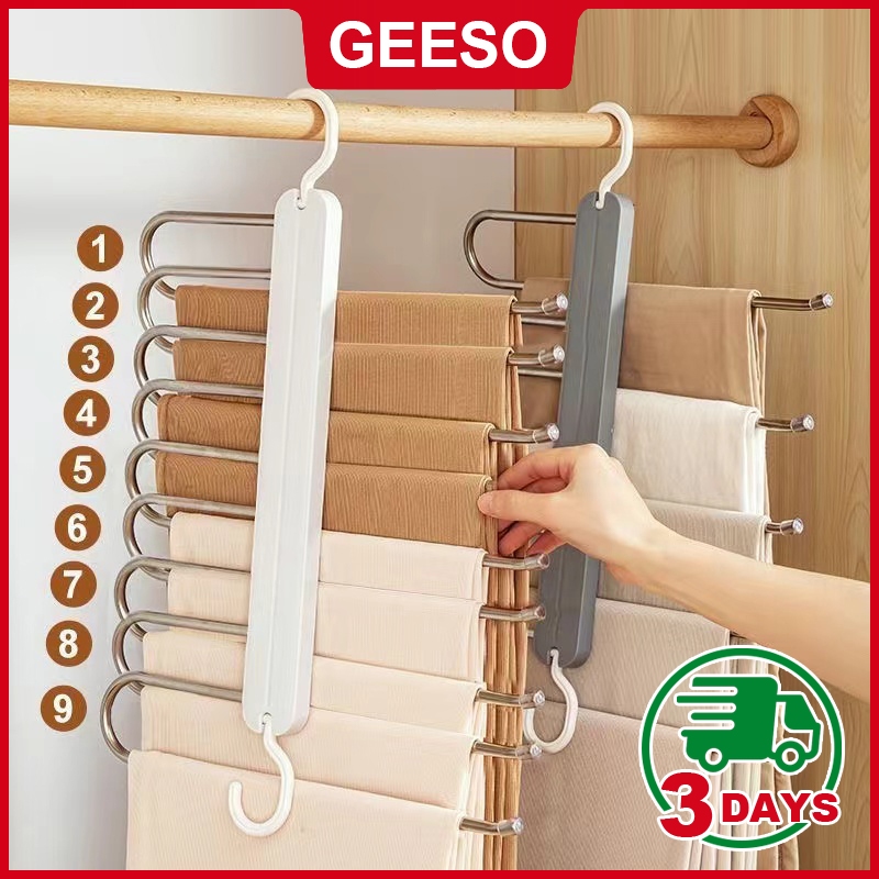 GEESO ไม้แขวนกางเกง 9ช่อง สแตนเลสคุณภาพดี แข็งแรง แขวนแนวตั้งและแนวนอนได้ ประหยัดพื้นที่ใช้งาน ที่แขวนกางเกง Pants Hanger Clothes Hooks