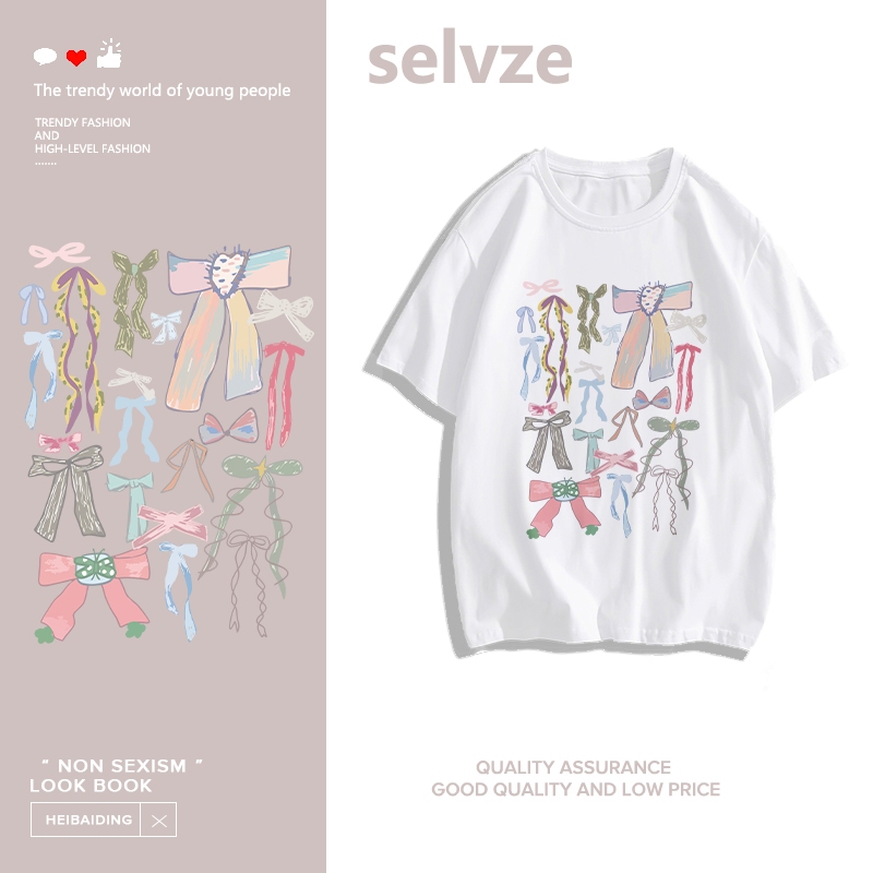 SELVZE（จัดส่งตลอด 24 ชั่วโมง） Printed T-shirt，โบว์สวยเรียบง่ายพิมพ์เสื้อยืดแขนสั้นหลวม T1684