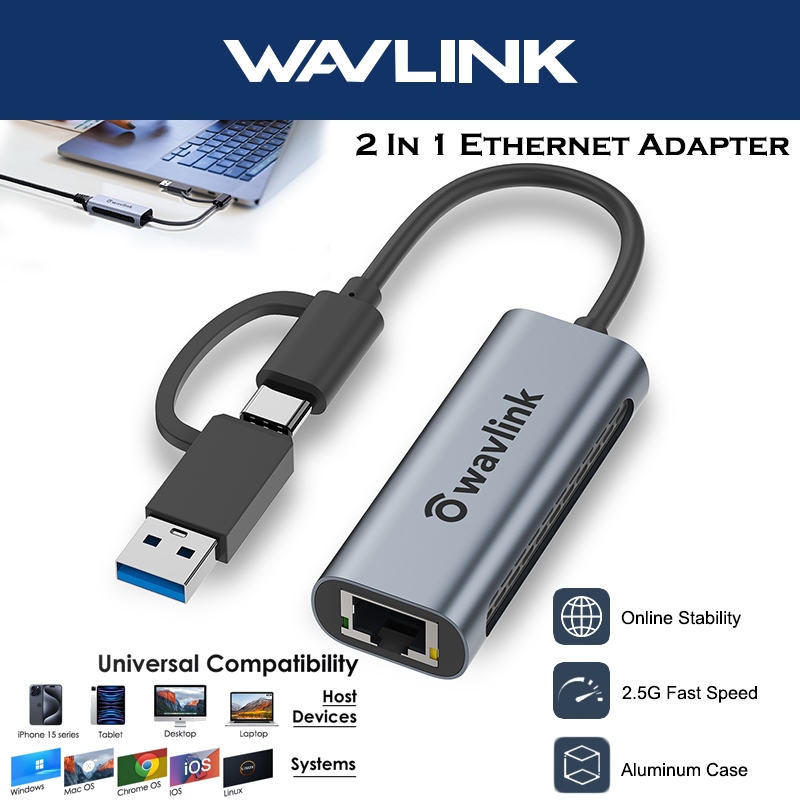 Wavlink 100/1000/2500Mbps USB to RJ45 Gigabit Ethernet Adapter USB-A & Type-C to LAN Adapter สําหรับ