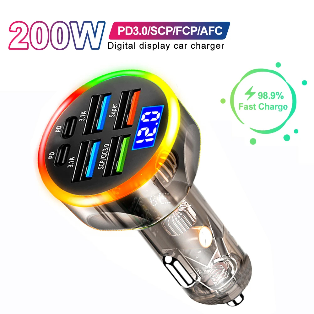 200w ที่ชาร์จแบตในรถ 6 พอร์ตชาร์จเร็วพร้อมจอแสดงผลดิจิตอล PD QC3.0 USB C อะแดปเตอร์ชาร์จด่วน