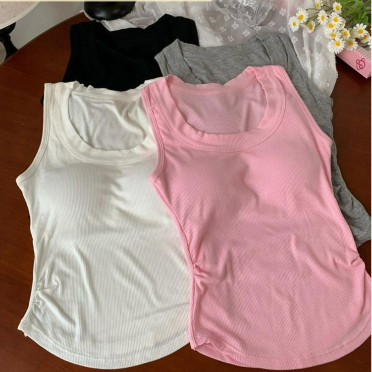 Gjcute เสื้อสายเดี่ยว สายสปาเก็ตตี้ จับจีบ เสื ้ อชั ้ นในลําลองสีทึบ พร ้ อมแผ ่ นรองหน ้ าอก