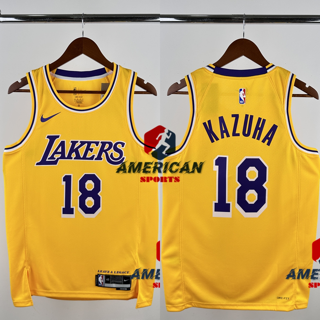 เสื้อยืดทีม Los Angeles Lakers NBA สำหรับผู้ชาย ออกแบบโดย KAZUHA และ LE SSERAFIM สไตล์ฮิตพริ้นท์สีเห
