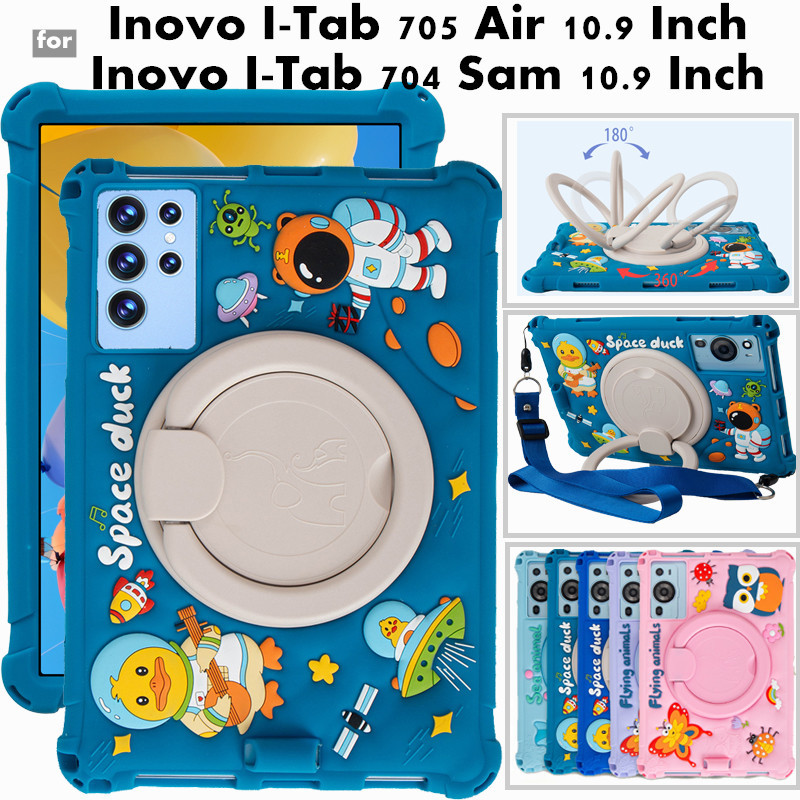 for Inovo I-Tab 705 Air / 704 Sam 10.9" 360 Degree Rotating Cute Cartoon Shockproof Soft Silicone Pr