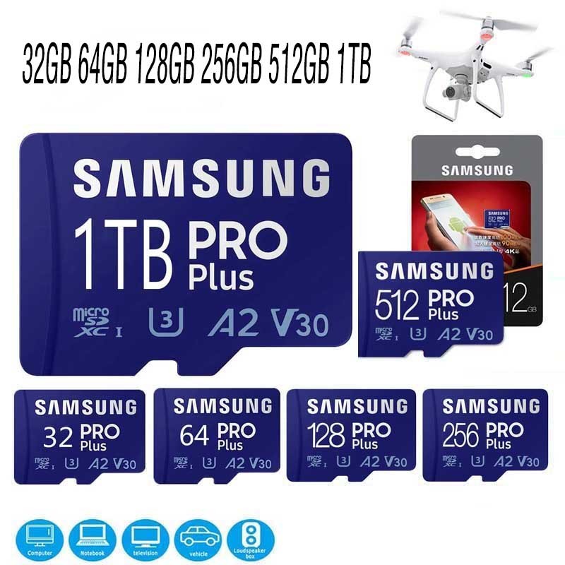 SAMSUNG ขายร้อนSamsung Pro Plusการ์ดหน่วยความจําMicro SD Card 64GB,128GB,256GB,512GB,1TB,2TBClass 10 UHS-Iความเร็วสูงสําหรับเครื่องบันทึกการขับขี่กล้องวงจรปิด