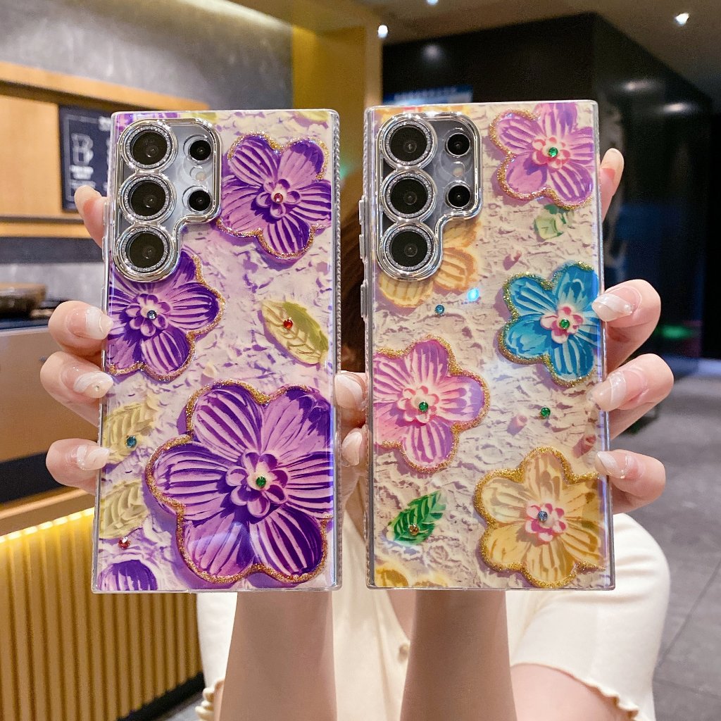 สีน้ำ ดอกไม้หลากสี เคส Samsung Galaxy S24 S23 S22 S21 Ultra + Plus กรอบโลหะ บลูเรย์ พลอยเทียม Case