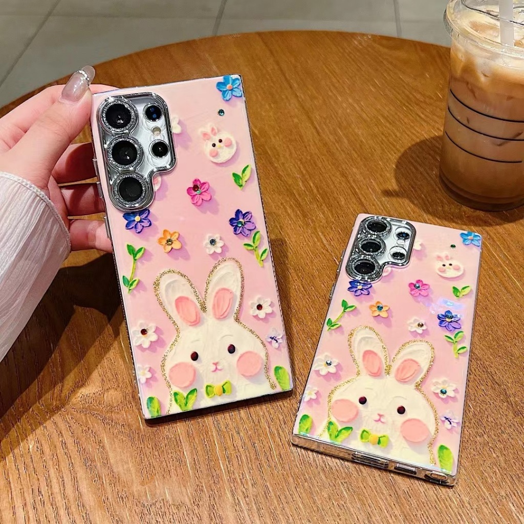 น่ารัก สีชมพู กระต่าย เคส Samsung Galaxy S24 S23 S22 Ultra + Plus กรอบโลหะ บลูเรย์ พลอยเทียม Case