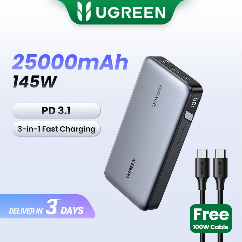 Ugreen PowerBank 145W 25000mAh แบบพกพา USB C 3 พอร์ต PD3.0 หน้าจอดิจิตอล Travel Portable Airline เดินทาง