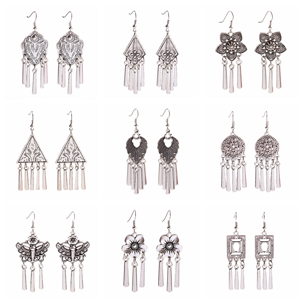 ชาติพันธุ์เครื่องประดับอินเดียแฟชั่นยาว Sliver-สีโลหะพู่ Dangle ต่างหู Pendientes ดอกไม้ Drop ต่างหูสําหรับผู้หญิง