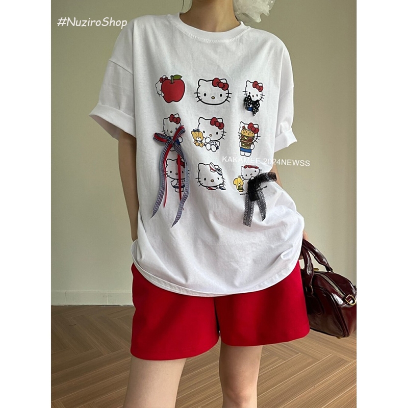 Nuziro เสื้อยืด oversize - 🍎➰แมวการ์ตูนน่ารักพิมพ์เสื้อยืดแขนสั้น #T000397