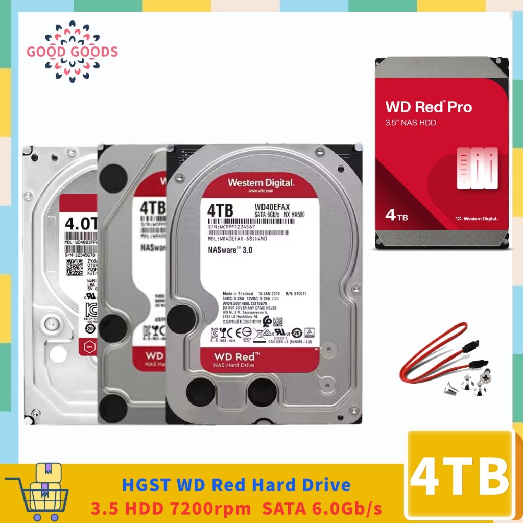 HGST WD RED/RED PLUS/RED PRO 4TB HDD - 3.5" ภายใน - 7200 RPM/5400 RPM SATA 6Gb/s 256MB/128MB แคชเดสก