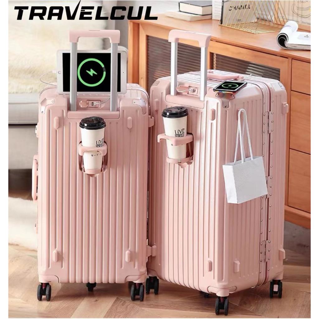 【สต็อกไทยพร้อมส่ง】TRAVELCUL กระเป๋าล้อลาก มัลติฟังก์ชั่อลูมิเนียมเฟรมถังกระเป๋าเดินทาง 20/24/28 นิ้วอลูมิเนียมเฟรมพีซีกรณี Stronger TSA ล็อค + USB / Tpye-c ช่องชาร์จ + ผู้ถือถ้วย + โครงสร้างล็อคสามแบบ (24/28) + ล้อสปินเนอร์คงที่