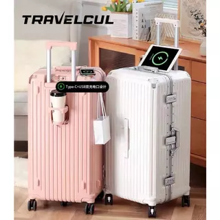 【สต็อกไทยพร้อมส่ง】TRAVELCUL กระเป๋าล้อลาก มัลติฟังก์ชั่อลูมิเนียมเฟรมถังกระเป๋าเดินทาง 20/24/28 นิ้วอลูมิเนียมเฟรมพีซีกรณี Stronger TSA ล็อค + USB / Tpye-c ช่องชาร์จ + ผู้ถือถ้วย + โครงสร้างล็อคสามแบบ (24/28) + ล้อสปินเนอร์คงที่