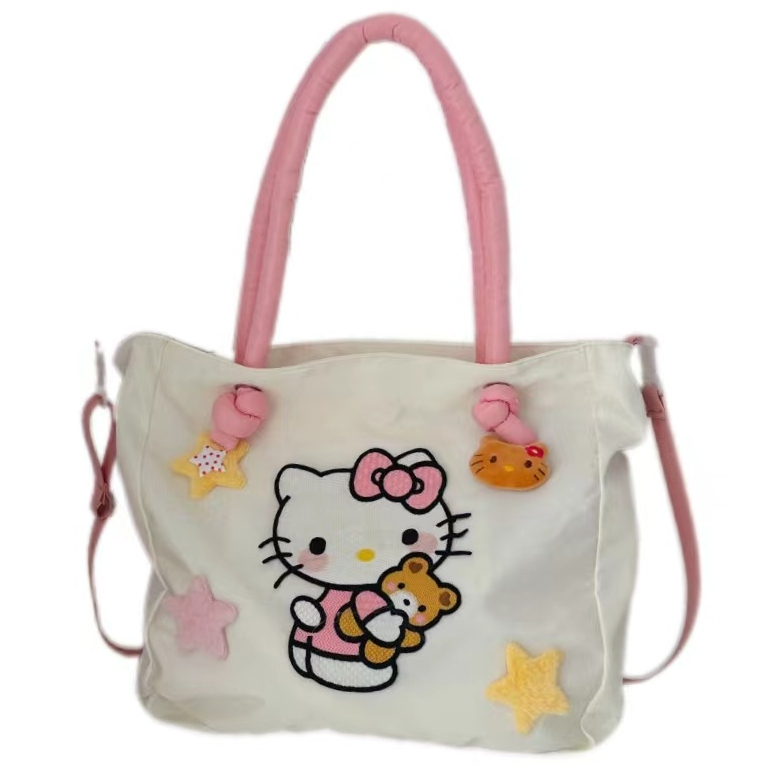 C&k กระเป๋าสะพายไหล่ผู้หญิงความจุขนาดใหญ่ Kitty Cat Space Cotton Tote Bag