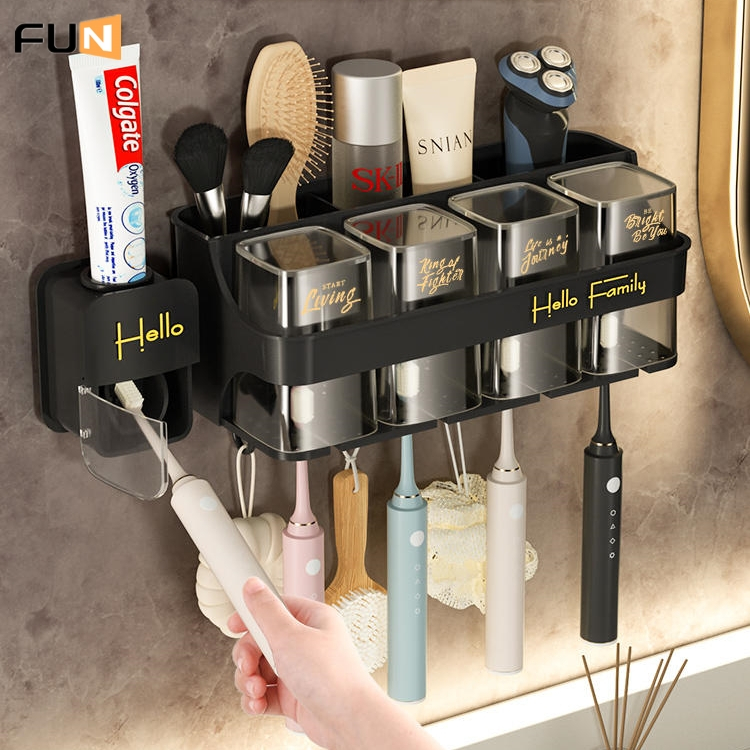 [FUN] ผู้ถือแปรงสีฟันสีดําเล็บฟรีห้องน้ําชั้นวาง2ถ้วย/3ถ้วย/4ถ้วยจุใจครอบครัวที่แตกต่างกันช่องปากใช้