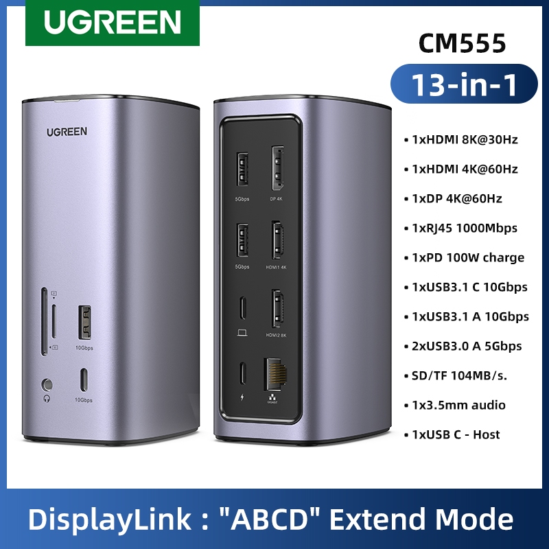 Ugreen สถานีเชื่อมต่อ 13-IN-1 อะแดปเตอร์หลายพอร์ต USB C พร้อมอีเธอร์เน็ต 8K HDMI Gigabit, ฮับ USB 3.