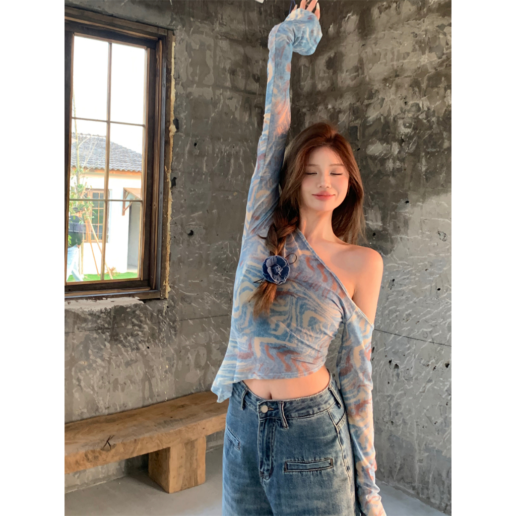 【BANKO】American Women Summer Slim-fit Sexy Sunscreen Gauze Strapless เสื้อยืดแขนยาว