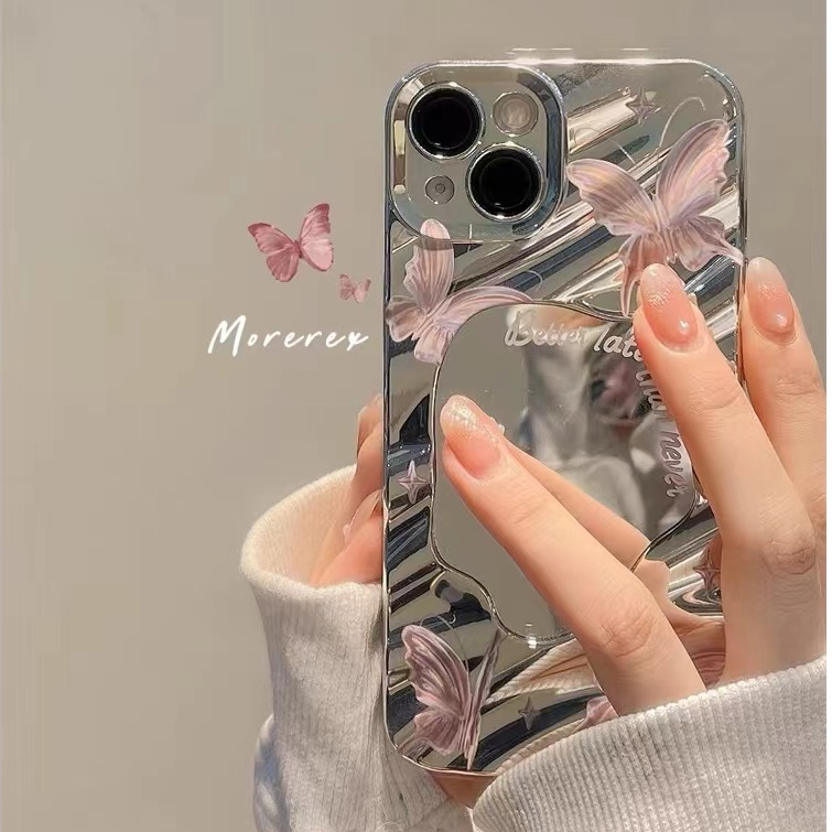 เคสโทรศัพท์มือถือนิ่ม ชุบไฟฟ้า ลายผีเสื้อ พร้อมกระจกแต่งหน้า และสายคล้อง สีชมพู สําหรับ iPhone 15 14 13 12 11 Pro MAX X XR XS MAX 7 8 Plus