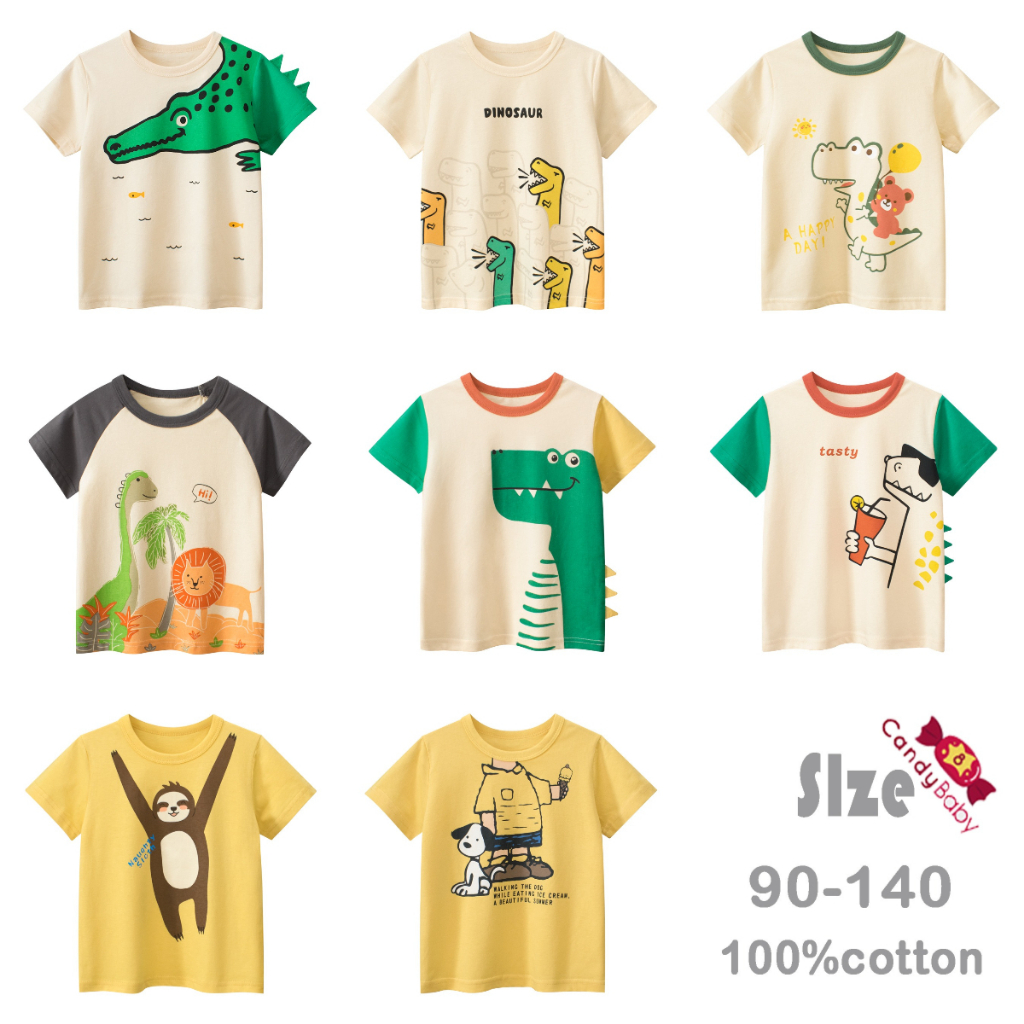 เด็กชายผ้าฝ้ายลายไดโนเสาร์น่ารัก เสื้อยืดแขนสั้นคอกลม ลายการ์ตูน ฤดูร้อน
