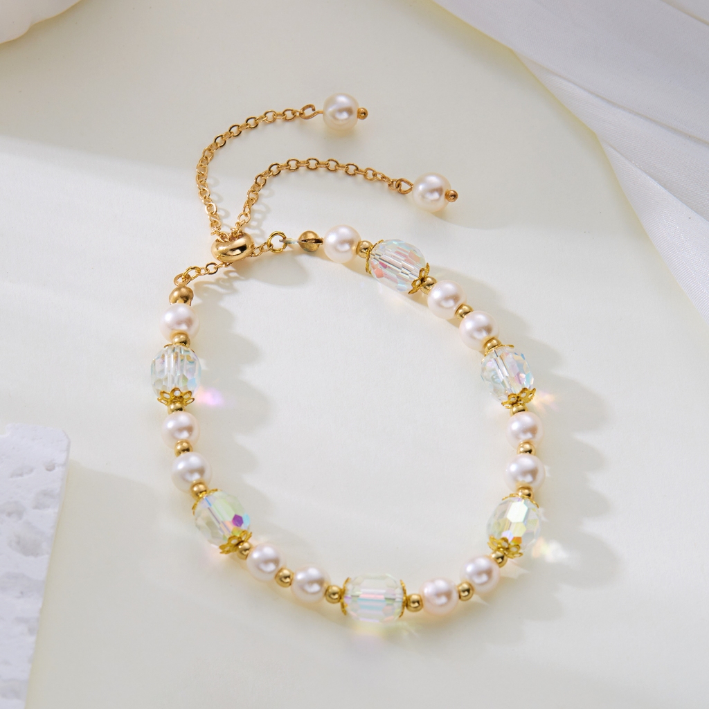 Jushi สร้อยข้อมือมุกลูกปัดคริสตัลปรับได้ 18K ของขวัญสาวไม่ซีดจาง Hypoallergenic