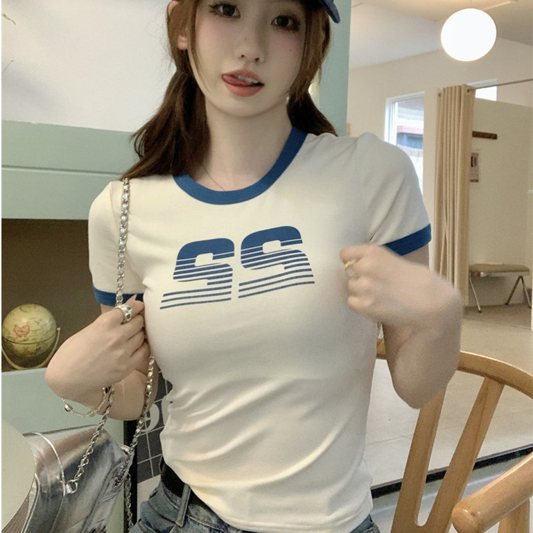 【WJZ】เสื้อยืดคอกลมแขนสั้นพิมพ์ลายตัวอักษรสไตล์เกาหลีสำหรับผู้หญิง【T47】