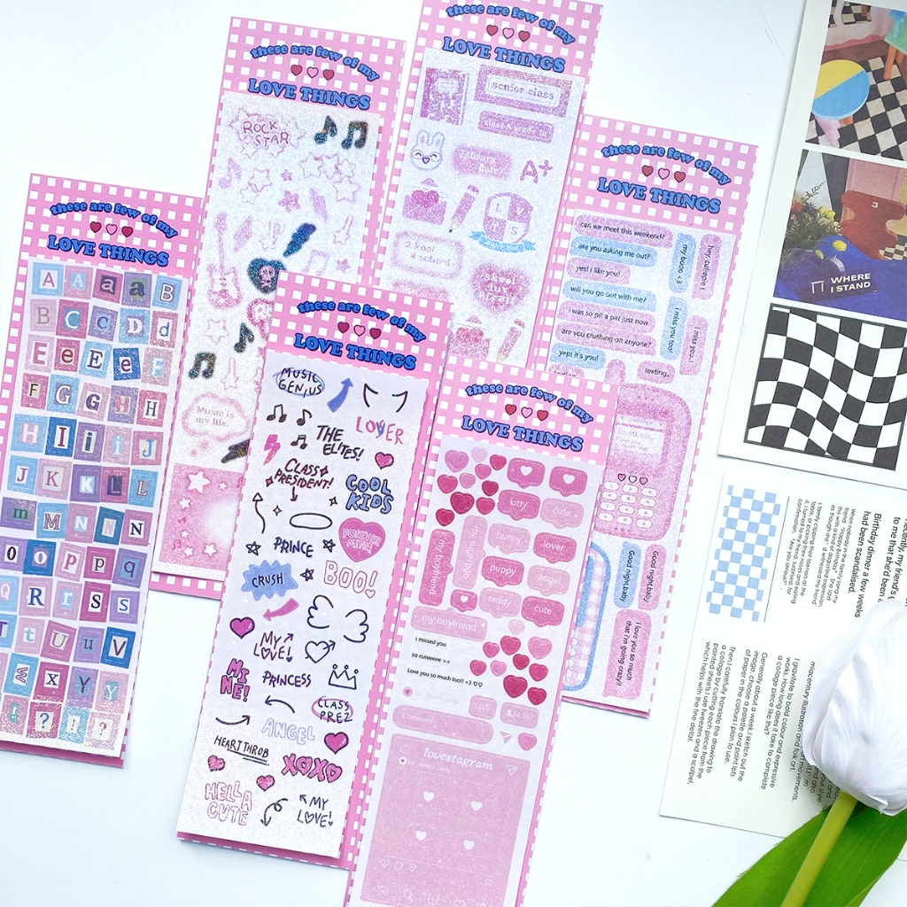 สติ๊กเกอร์การ์ด Goo สไตล์เกาหลี ฟิล์มแฟลช DIY ตกแต่งคู่มือสีชมพูน่ารักสติ๊กเกอร์ตกแต่งตัวอักษร