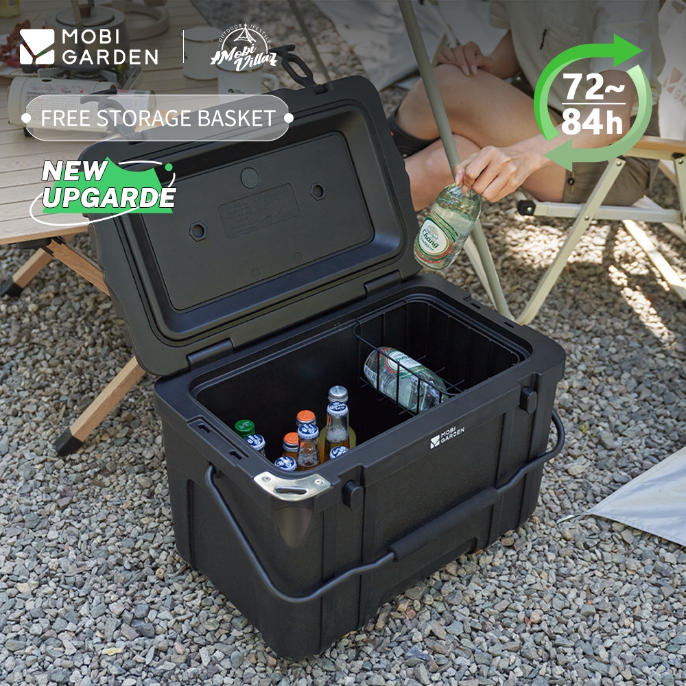 Mobi GARDEN Camping Cooler Box Ice อัพเกรดพร้อมตะกร้าเก็บ 26L รถแบบพกพา Camping Picnic Storage สีดํา