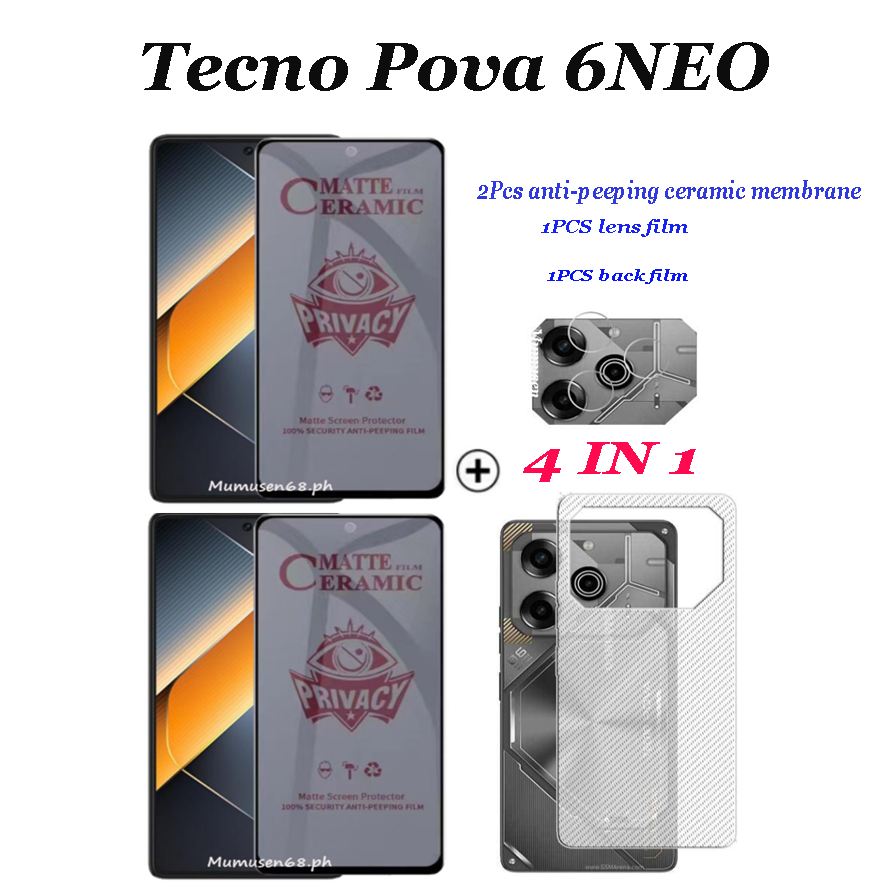 4-in-1 สําหรับ Tecno pova 6 neo pova 6 5g pova 6 pro peep-proof หน้าจอเซรามิคเมมเบรน tecnopova 5 propova 4 pova 3 pova 4 pro 2 peep-proof เซรามิค Stickyened glass + เลนส์
