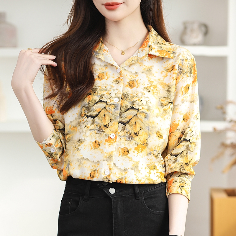 เสื้อเชิ้ตปกผู้หญิงใหม่ชีฟองสีเหลืองพิมพ์ด้านบนหลวมและขนาดใหญ่