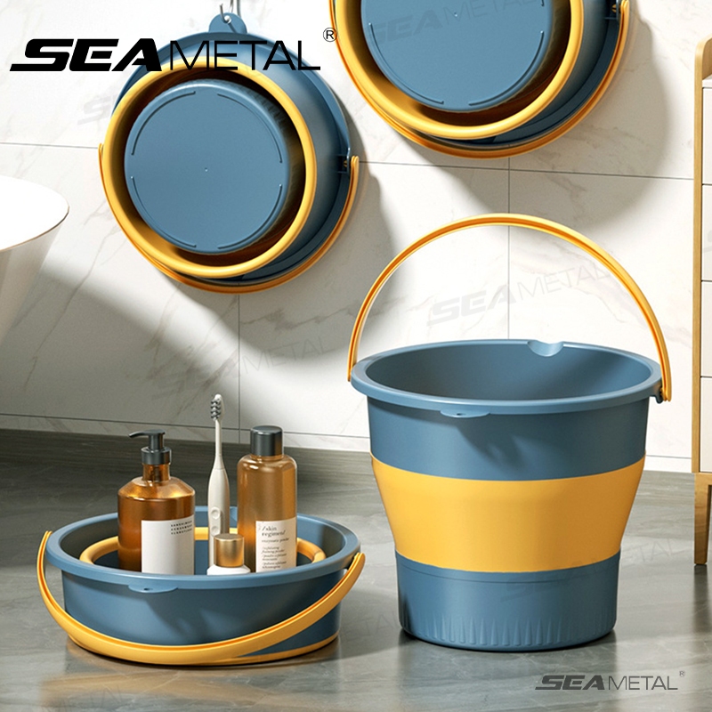 Seametal 5/10L ถังพับแบบพกพามัลติฟังก์ชั่นถังซิลิโคนหนาอ่างล้างหน้า Dual-use สําหรับซักผ้าทําความสะอาด
