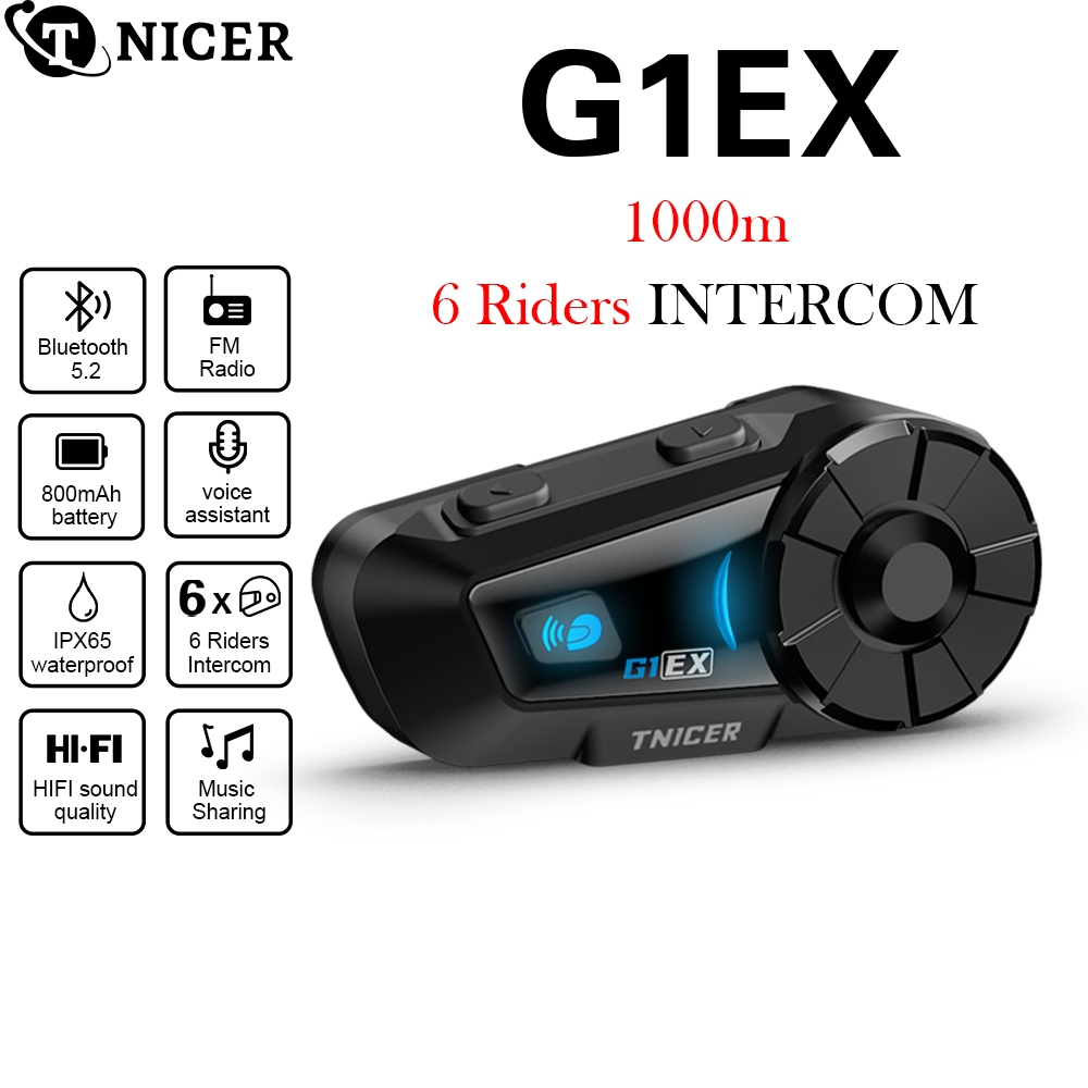 TNICER G1Ex หูฟังบลูทูธสำหรับหมวกกันน็อก | ระบบอินเตอร์คอมรองรับ 6 คน | กันน้ำ IP65 | การสื่อสารระยะไกล | แชร์เพลง