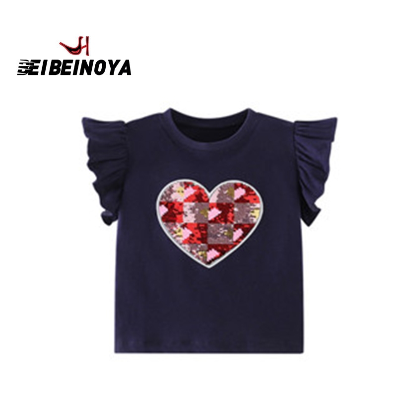คนป่าไม้ เสื้อผ้าเด็กผู้หญิงบินแขนเลื่อมสาวเสื้อผ้าฤดูร้อนผ้าฝ้ายระบายอากาศสาวเสื้อยืดสีดํา 211631