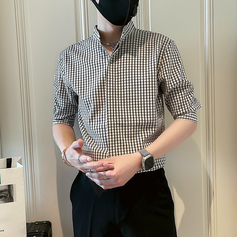 กลางเอวเสื้อลายสก๊อตผู้ชายm-3xlฤดูร้อนน้ําหนักเบาbreathable Quick-Drying All-Matchครึ่งแขนเสื้อผู้ชายอินเทรนด์แฟชั่นสบายๆครึ่งแขนนิ้วเสื้อผู้ชาย