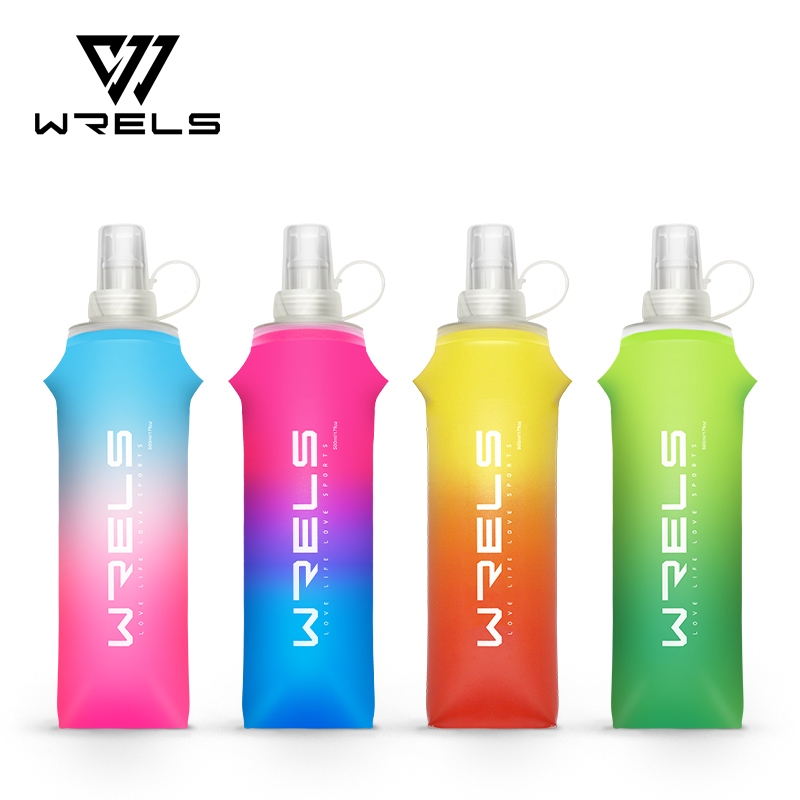 WRELS ขวดน้ํานุ่มพับได้สีไล่ระดับสี + หัวฉีดกีฬา TPU BPA ฟรีเหมาะสําหรับการวิ่ง