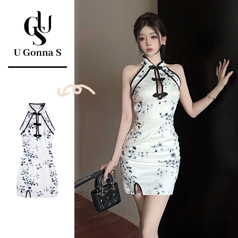 U Gonna S ชุดปรับปรุง Cheongsam โมเดิร์นแขนกุดเซ็กซี่เหนือเข่าด้านข้าง Slit ดอกไม้จีนเอวสูงแฟชั่นหรูหรา Bodycon 2024 ดีไซน์ใหม่ยืด ชุดคลุมเสื้อขนาดใหญ่ Plus Size