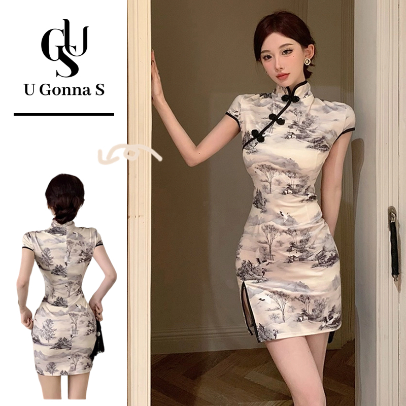 U Gonna S ชุดปรับปรุง Cheongsam แขนสั้นโมเดิร์นเซ็กซี่เหนือเข่าด้านข้าง Slit ดอกไม้จีนคอเอวสูงแฟชั่นหรูหรา Bodycon 2024 ดีไซน์ใหม่ยืด
