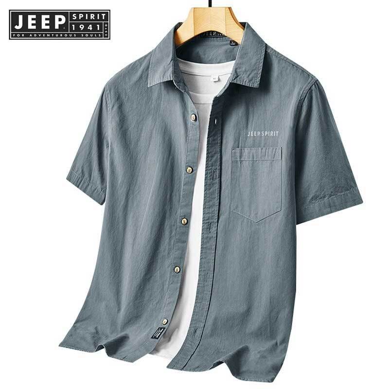 Jeep SPIRIT 1941 ESTD เสื้อเชิ้ตแขนสั้นผ้าฝ้ายแท้สําหรับฤดูร้อนของผู้ชายลําลองสีทึบเสื้อทํางานอเนกประสงค์