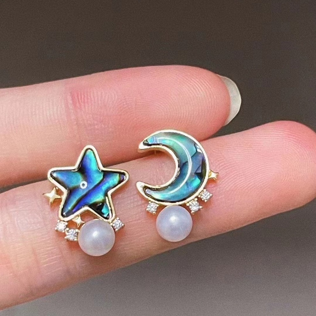 ต่างหูมุกน้ําจืด S925ear สตั๊ด Abalone Shell Star Moon ต่างหูมุก Star Moon ต่างหู Star Moon
