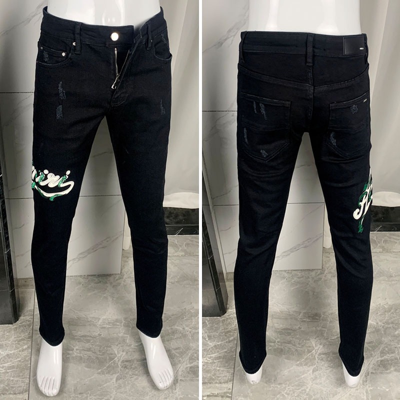 Amiri High Street Fashion Man Jeans กางเกงยีนส์สีดำผอมยืดออกแบบแพทช์พิมพ์เทคโนโลยีกางเกงยีนส์ผู้ชายแ