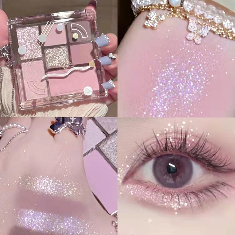 อายแชโดว์ 7 สี แทนแกรม สนุกอายแชโดว์ จานสี สีเทา สีชมพู โลก สี บลัชออน ไฮไลท์ อายแชโดว์