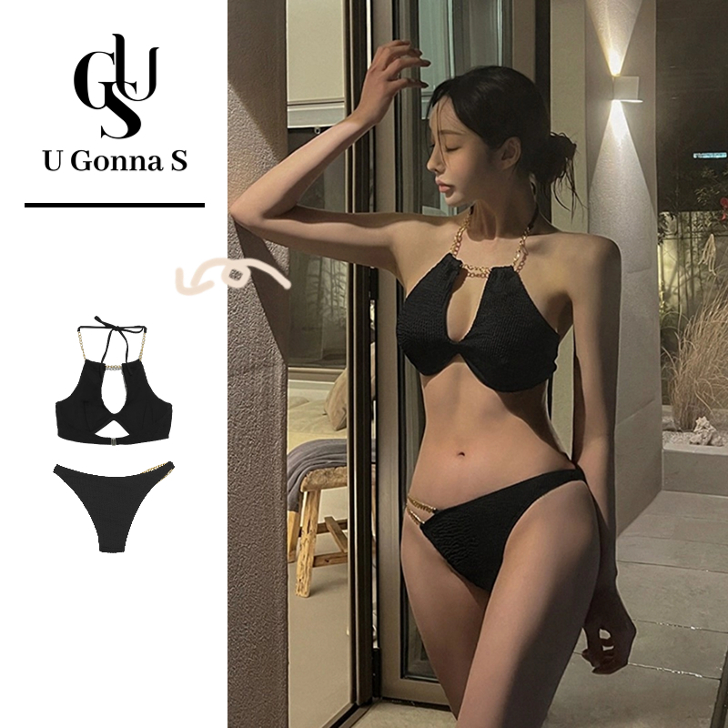 U Gonna S ชุดบิกินี่ชายหาดชุดว่ายน้ําผู้หญิงเซ็กซี่ Padding 2 ชิ้น 2024 สไตล์ใหม่ V คอ Halter แขนกุดสีดําสูงเอวน่ารักแฟชั่นยืด
