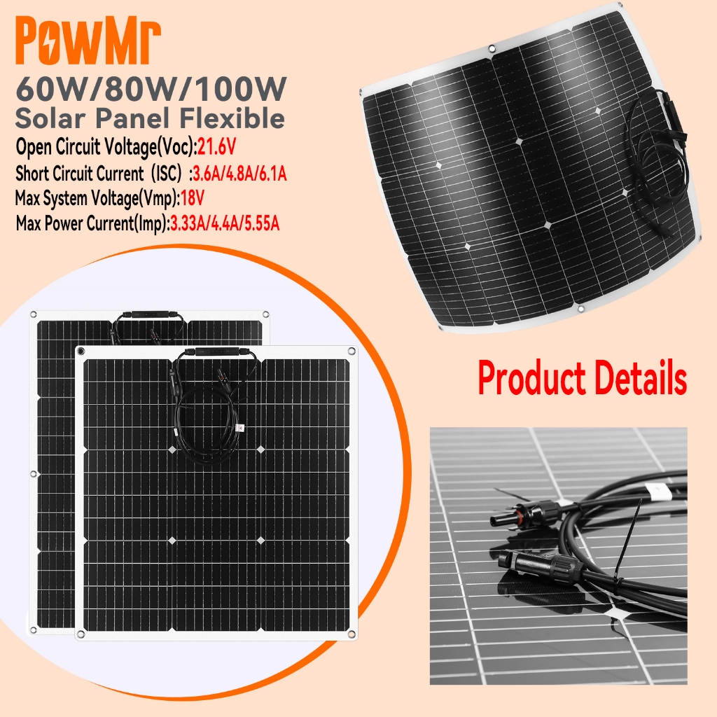 【Ready Stock】PowMr 60W/80W/100W แผงโซลาร์เซลล์แบบยืดหยุ่น Monocrystalline Solar Cell DIY สายเคเบิลกลางแจ้งรถ RV ระบบไฟฟ้าแบบชาร์จไฟกันน้ํา